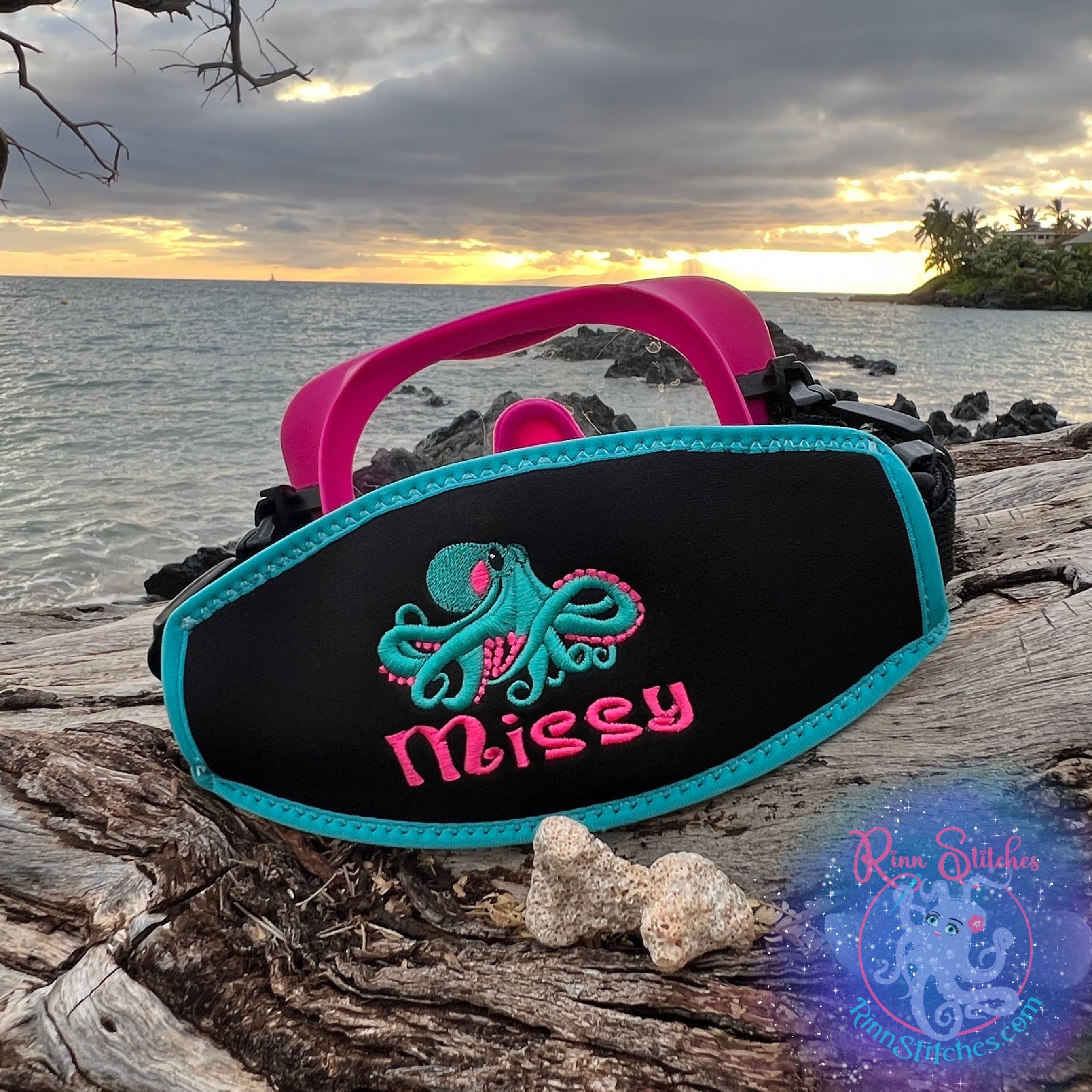 Personalized Mask Strap Covers | Dive Your Vibe | Maui Made | Octopus Design in Teal and  Neon Pink with the name Missy in Neon Pink in our Tsunami Font on a Mask Strap with Aqua Piping | Embroidered Scuba Accessories
