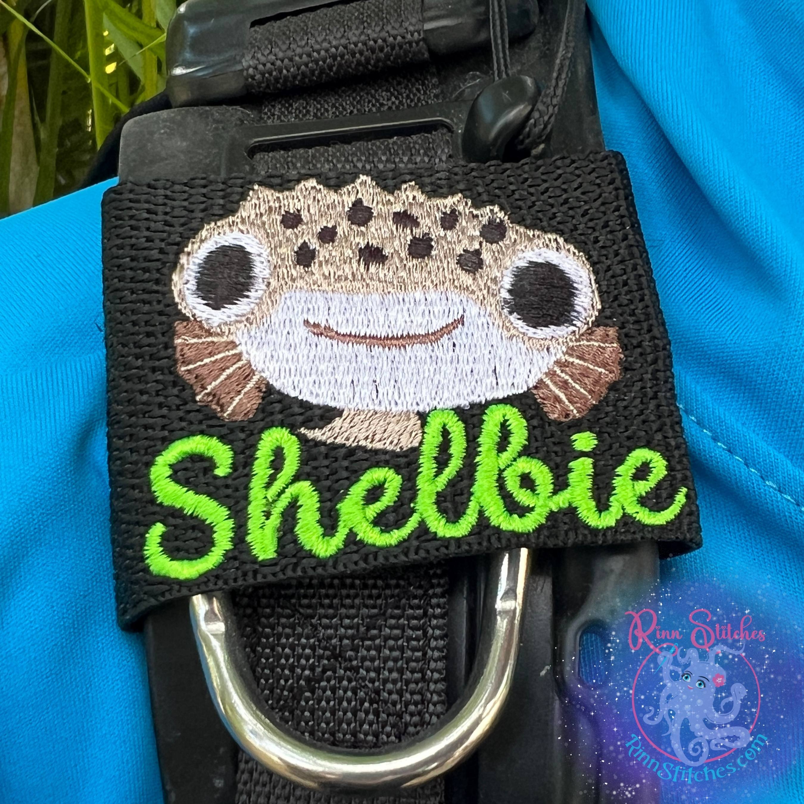 Cute Puffer Fish Face Personalized & Customizable Scuba Diver BCD Identification Tag By Rinn Stitches on Maui, Hawaii - Small Jacket Size - Scuba Pro Hydros - Zeagle Zena - Shelbie in Neon Green and Beach Days Font