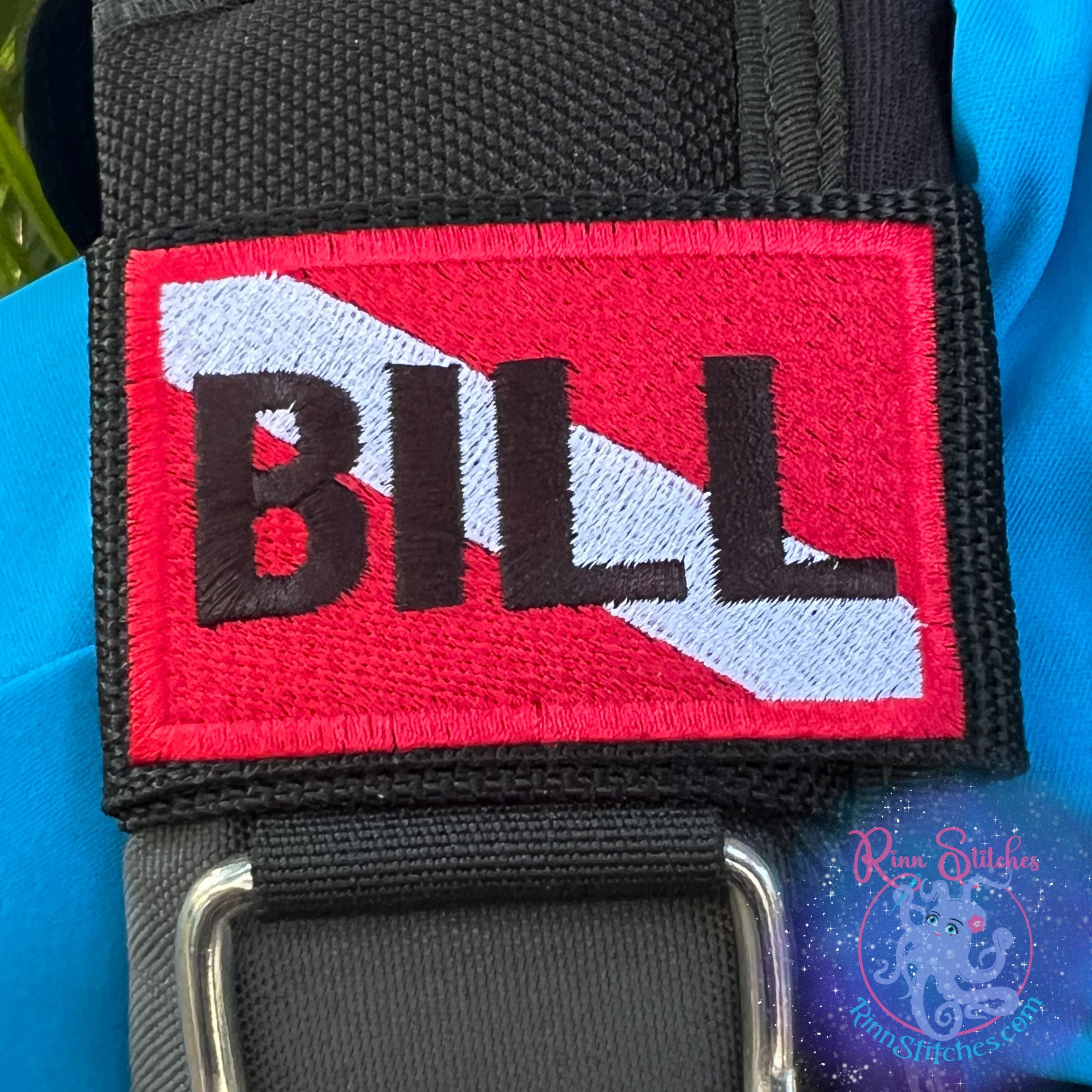 Standard size Dive Flag BCD tag red and white personalized embroidery 3 inch BCD strap - Bill in Black Thread and Aloha Beaches Font - Maui Made - Scuba Accessories - Rinn Stitches